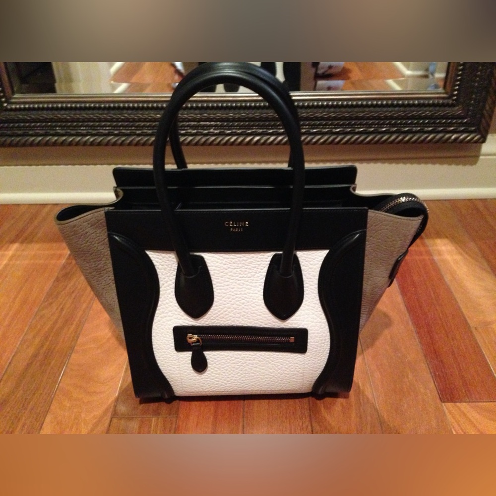 CELINE TriColor Black Ivory Tan Leather Micro Luggage Tote Handbag